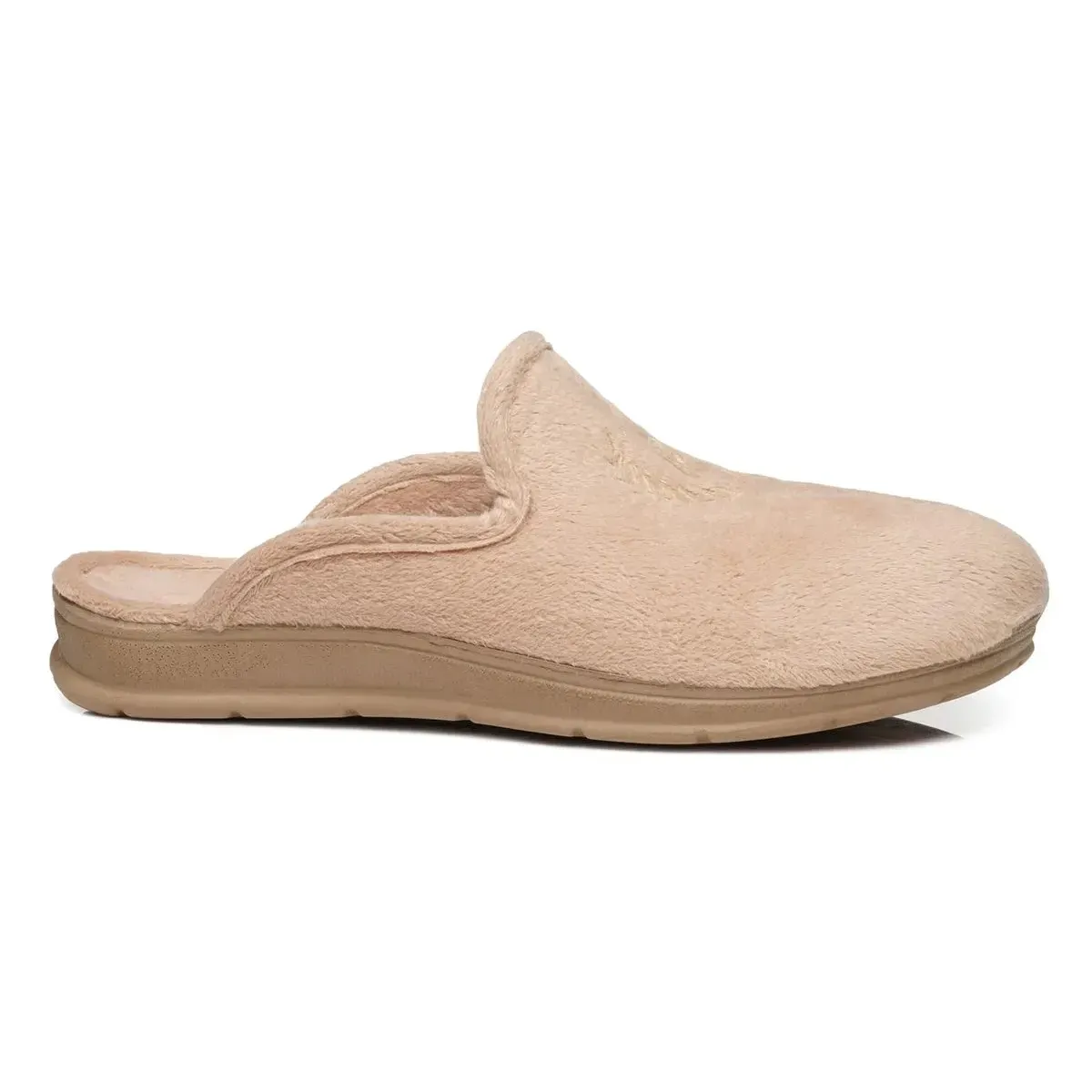 Pantufa feminina blush em tecido atoalhado com sola de borracha, vista frontal, confortável e macia