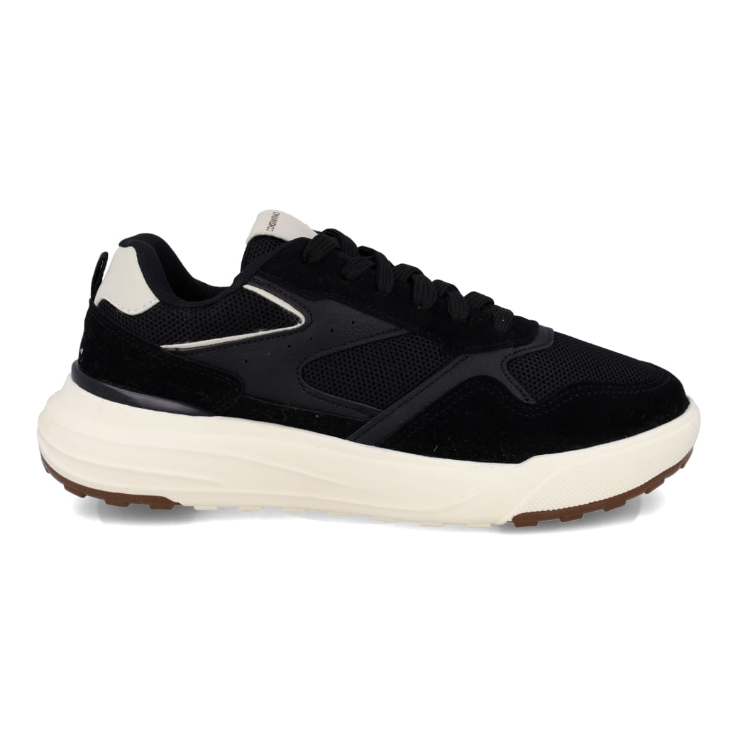 Tênis casual masculino preto com detalhes em branco, design moderno e sola grossa resistente