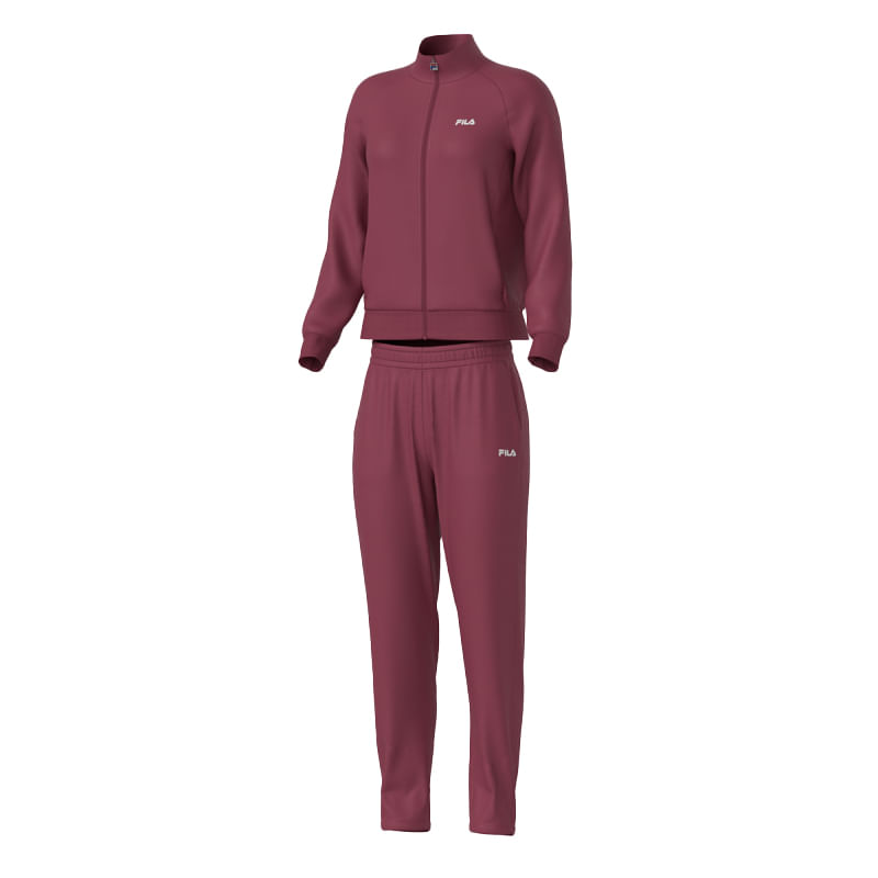 Vista lateral do conjunto feminino Fila vinho mostrando detalhes da jaqueta e calça