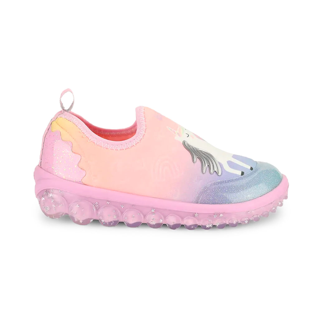 Tênis infantil Bibi Roller 2.0 Tie Dye com estampa de unicórnio em tons de rosa, azul e lilás, vista frontal