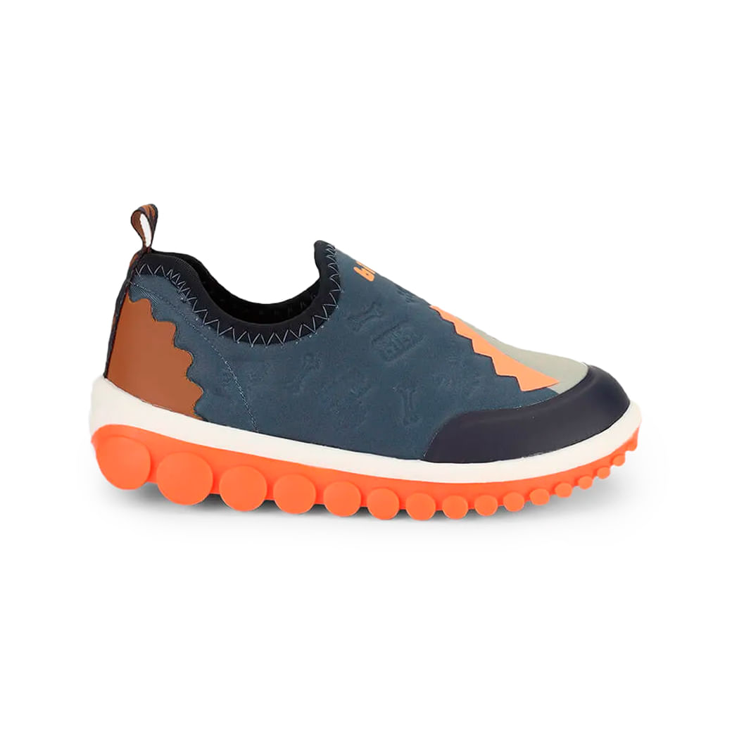 Tênis infantil Bibi Roller 2.0 Dinossauro azul marinho com detalhes laranja, vista lateral direita