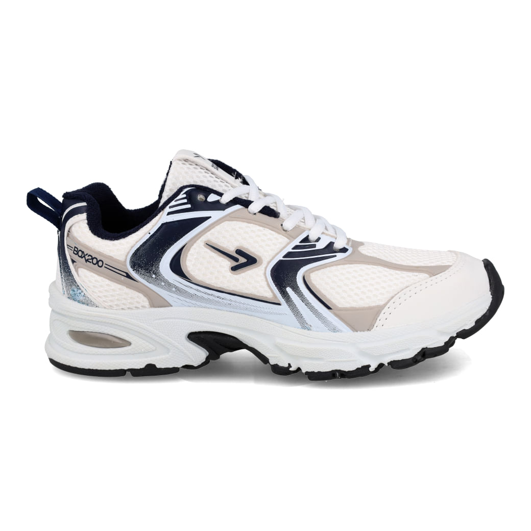 Tênis Box200 Retrô Feminino Branco em ângulo frontal com fundo branco, detalhes em branco, cinza, azul e preto