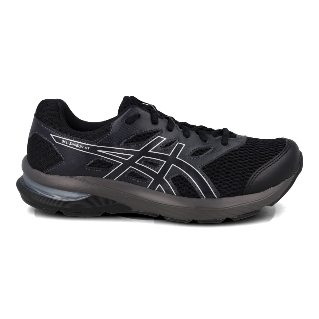 Tênis masculino preto e prata da Asics modelo Gel-Shogun ST com design em mesh respirável e solado branco e preto