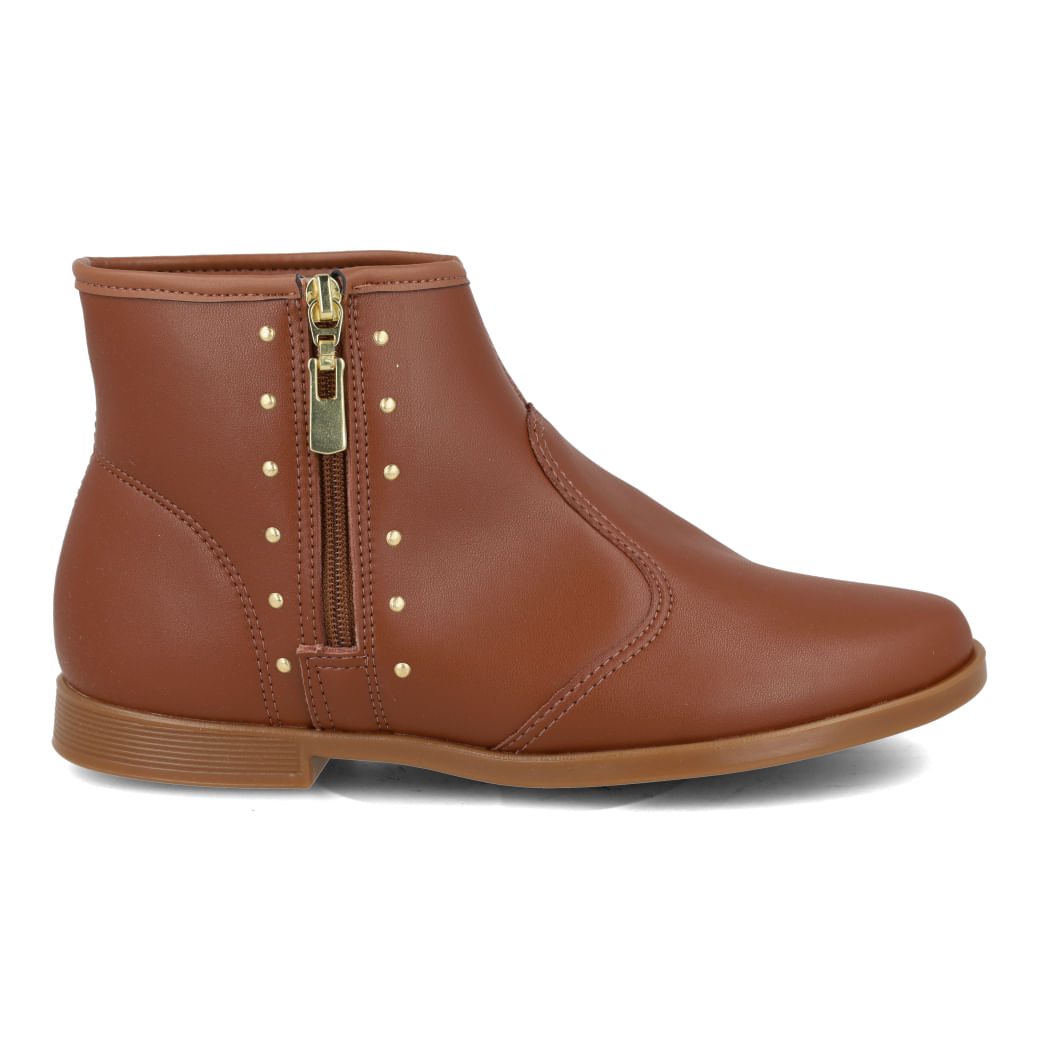 Bota Molekinha cano baixo castanho infantil em nobuck com zíper lateral dourado e detalhes em tachinhas douradas
