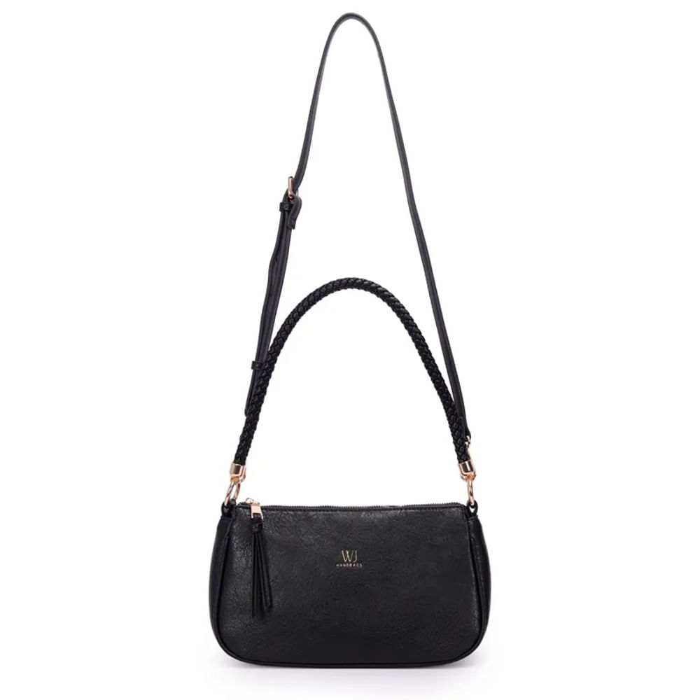 Bolsa Casual Feminina WJ Preta Tiracolo e Ombro com Alça Trançada