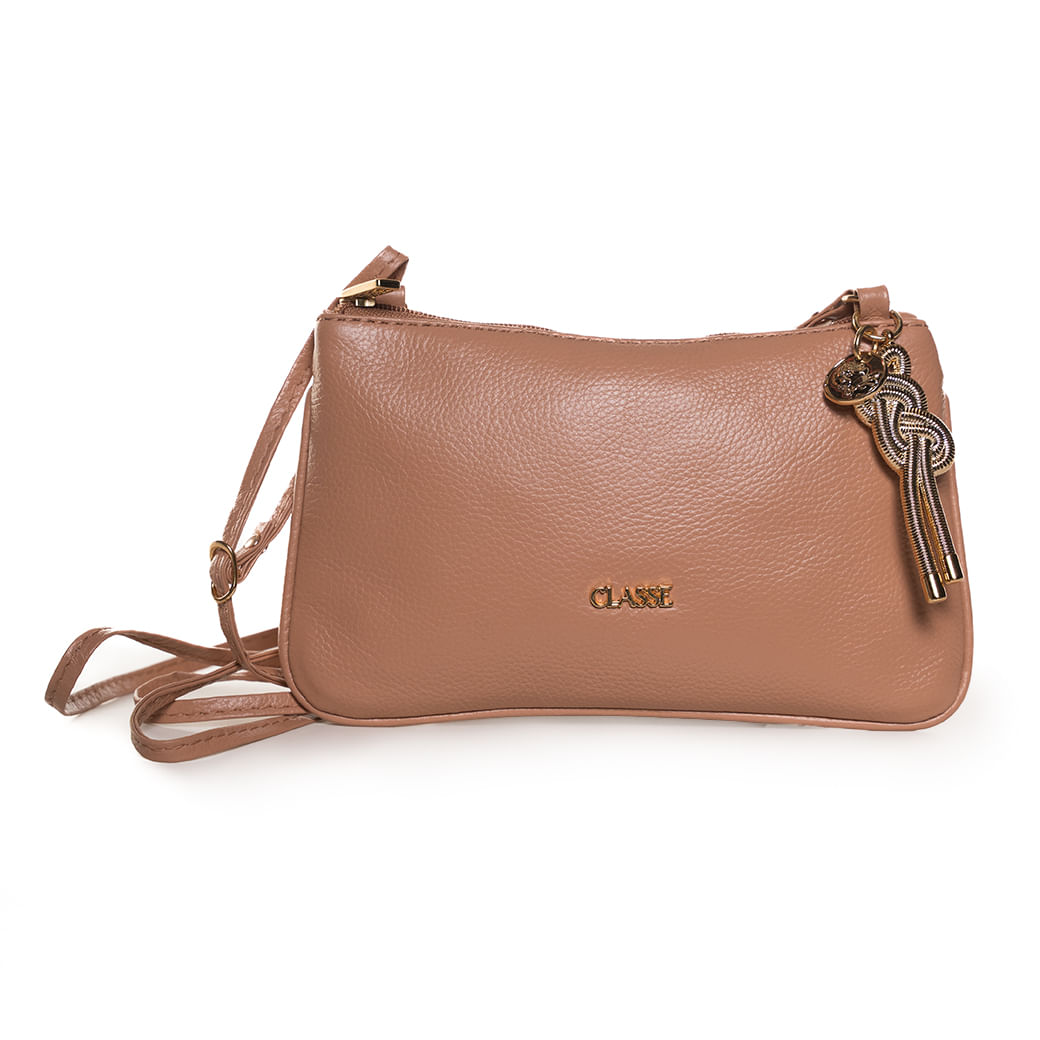 Bolsa transversal feminina Classe Couro bege com alça ajustável e detalhe em tassel trançado