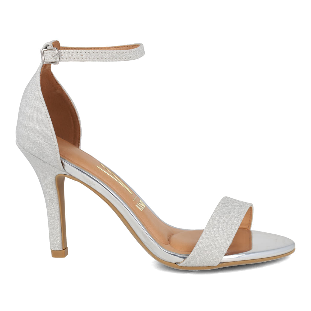 Sandália Vizzano Salto Fino Glitter Feminina Prata com tiras finas e detalhe glitter prata