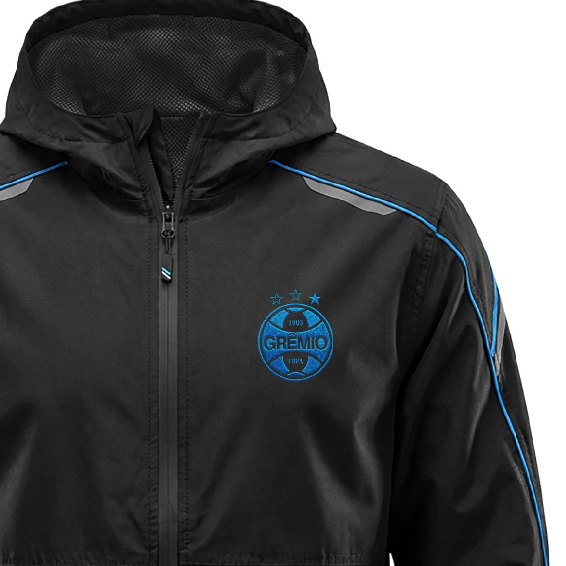 Vista lateral da Jaqueta Lotus Grêmio Masculino Preto mostrando detalhes do capuz e costura