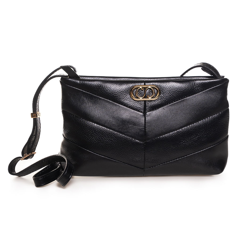 Bolsa crossbody feminina preta Classe Couro modelo Valen matelassê com alça ajustável e detalhe metálico CC