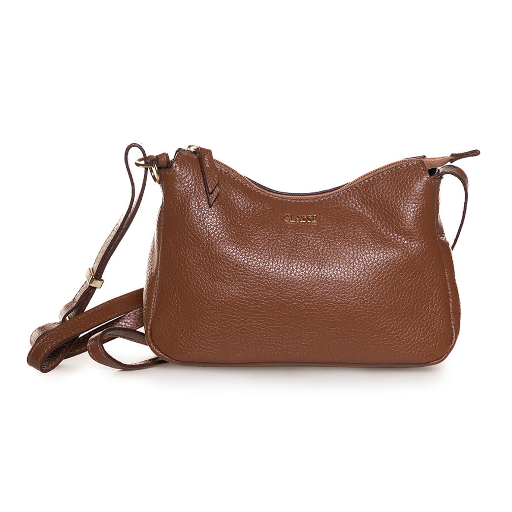 Bolsa crossbody feminina em couro caramelo com alça ajustável e logo metálico Classe na frente