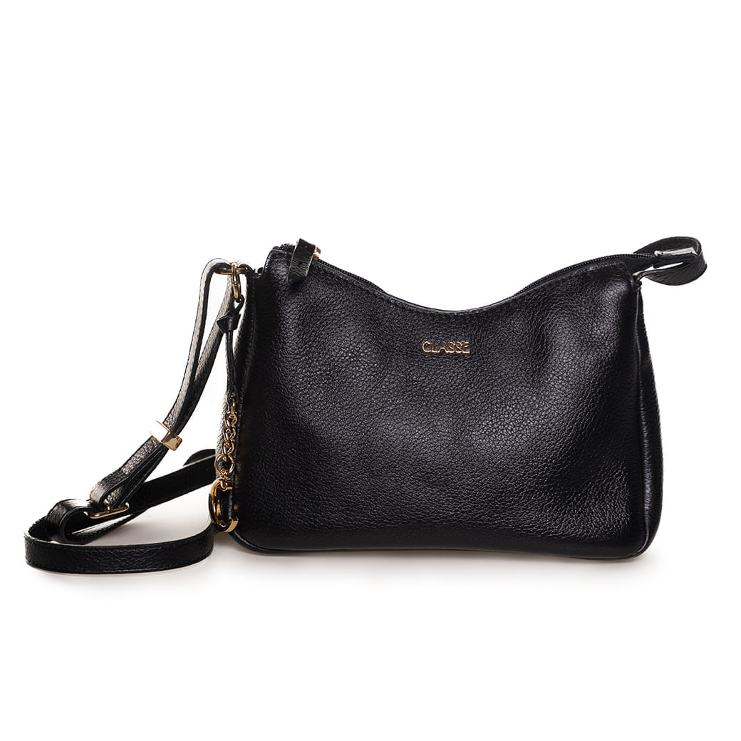 Bolsa crossbody preta Classe Couro em couro com textura granulada, alça ajustável e detalhe em metal dourado