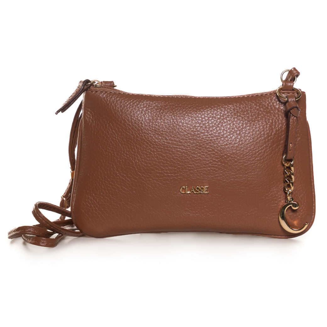 Bolsa crossbody Classe Couro Veta feminina na cor caramelo com textura granulada, detalhes dourados e alça ajustável