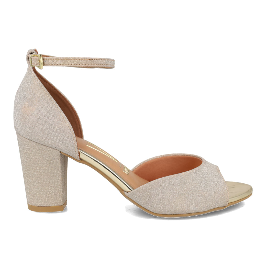Sandália Vizzano Metal Glamour Dourada Feminina com salto bloco, acabamento em glitter dourado e detalhes em metal.