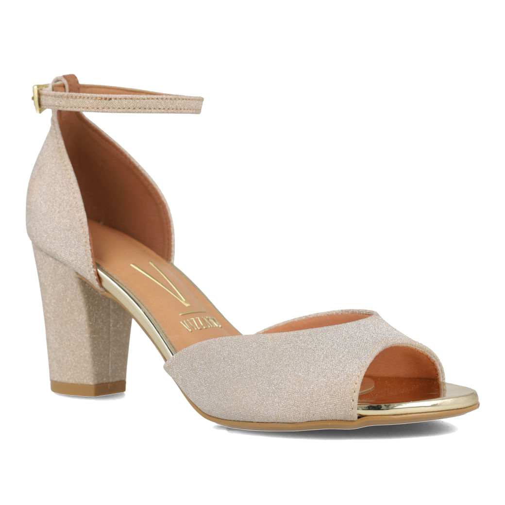 Sandália Vizzano Metal Glamour Dourada Feminina vista lateral com salto bloco e acabamento dourado.