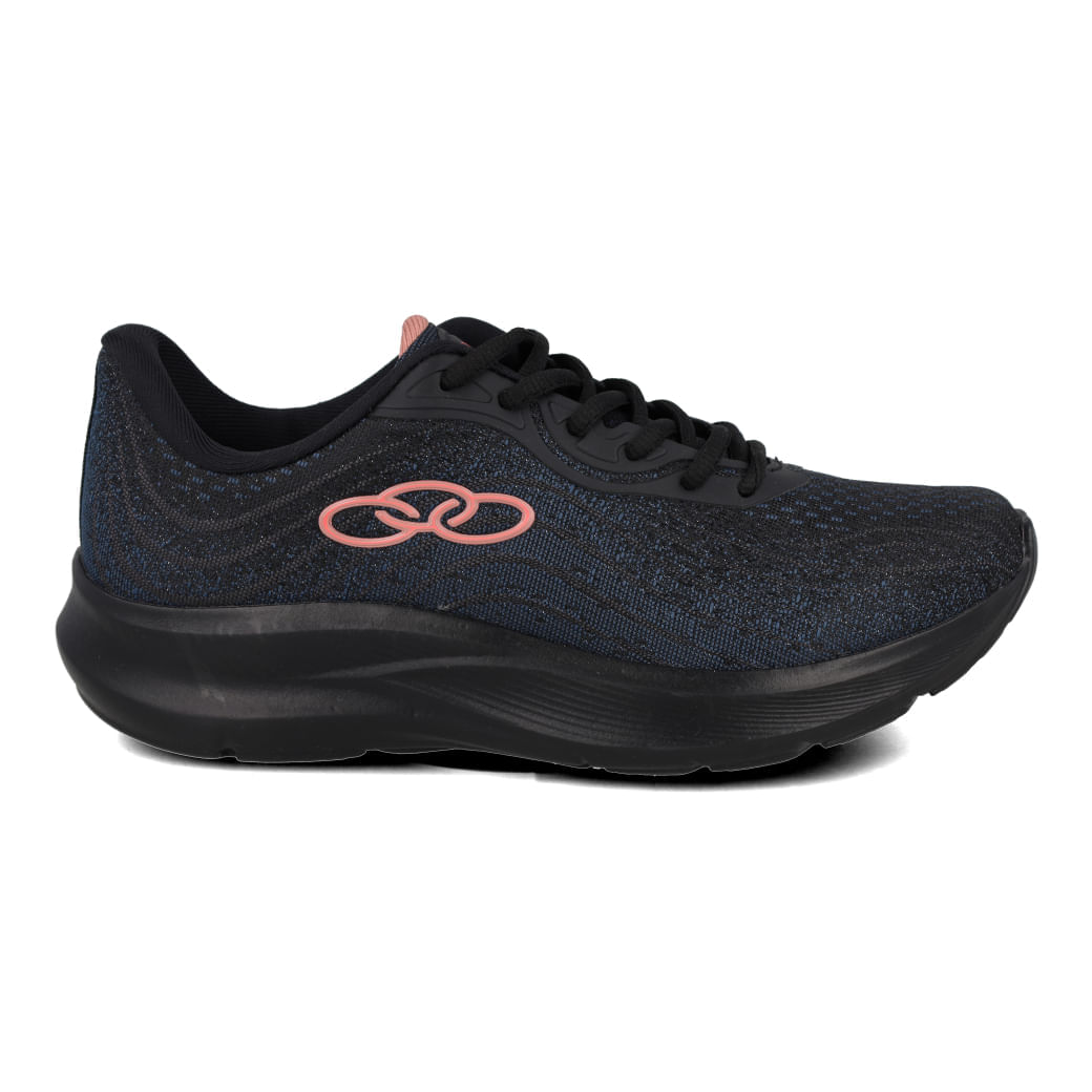 Tênis Olympikus Venus 3 Treino Feminino Preto em ângulo frontal, mostrando logo e design do solado, cor predominante preto com detalhes em rosa