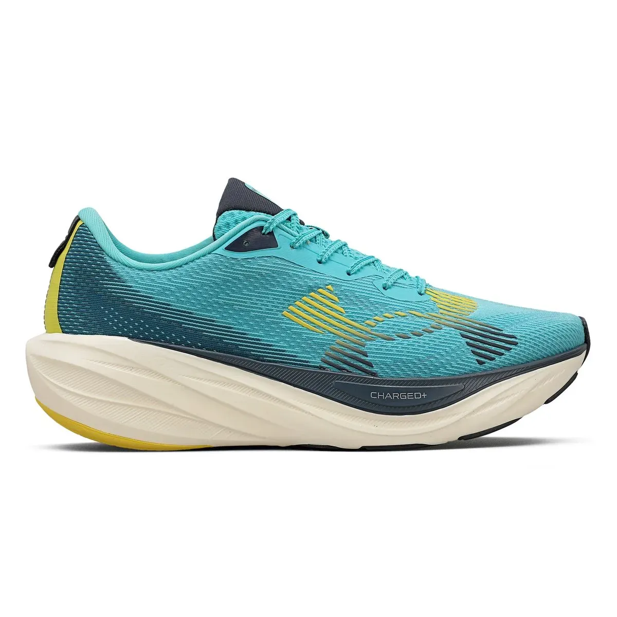Tênis de corrida Under Armour Velociti Elite 3 Azul em ângulo frontal mostrando design moderno e logotipo visível