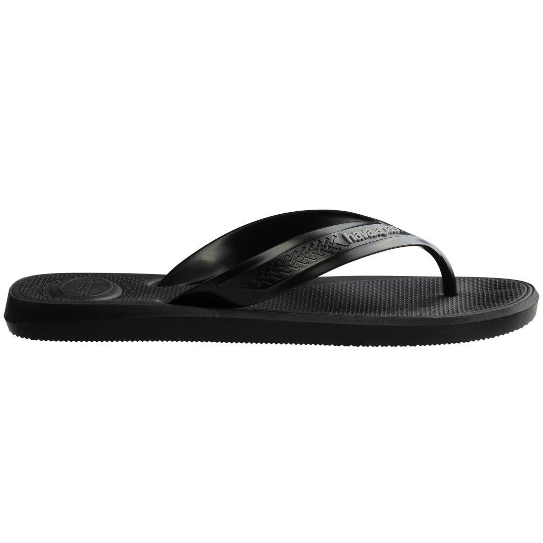 Visão lateral do chinelo Havaianas Top Max Comfort preto, tiras largas