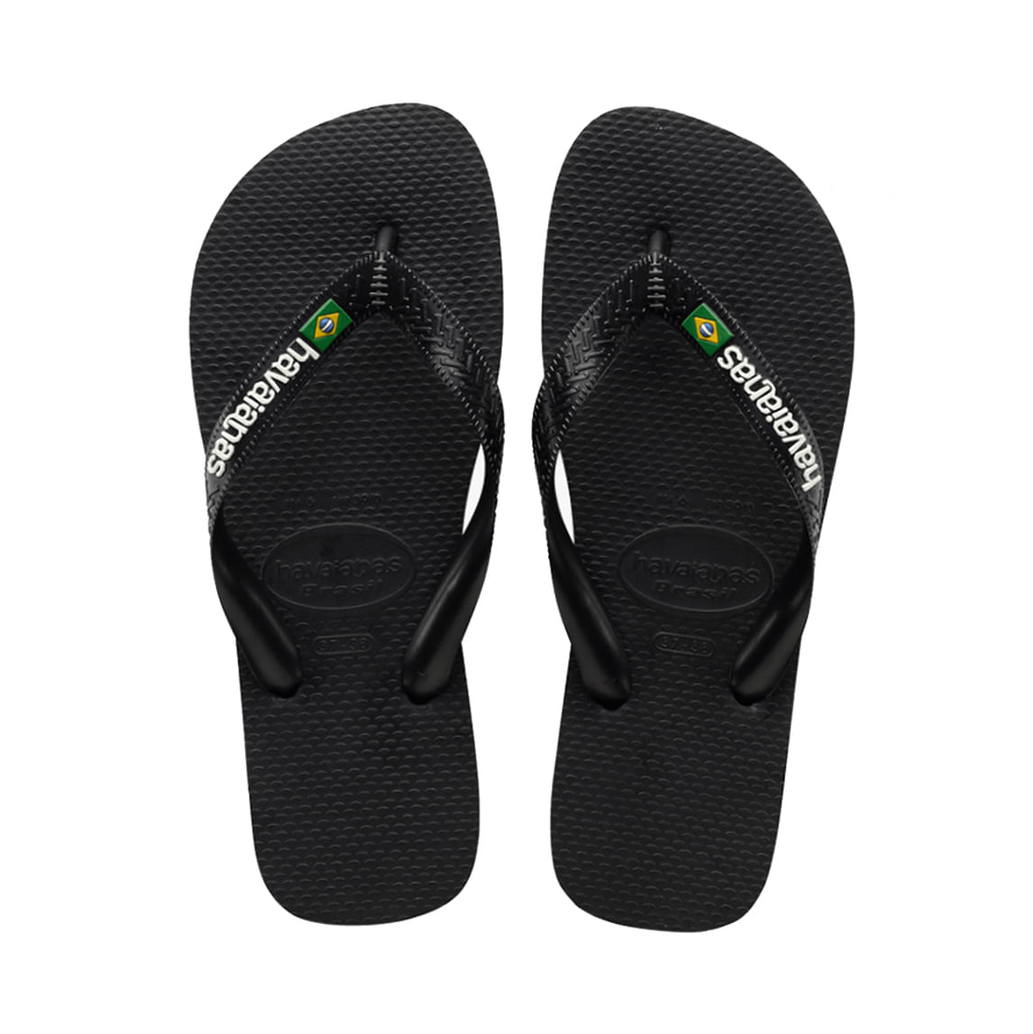 Chinelo infantil masculino Havaianas preto com logo branco na tira e bandeira do Brasil, solado preto com detalhes coloridos