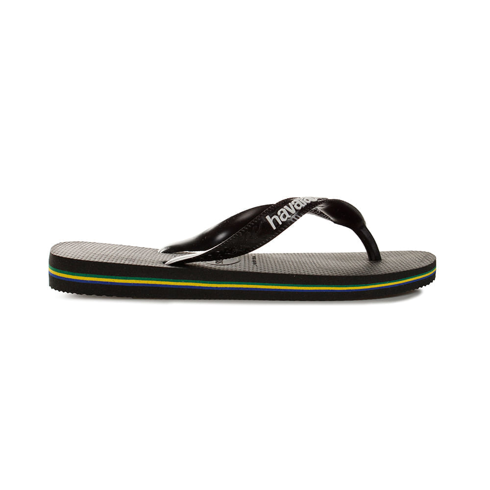 Vista lateral do chinelo infantil Havaianas preto com logo e detalhes coloridos na sola