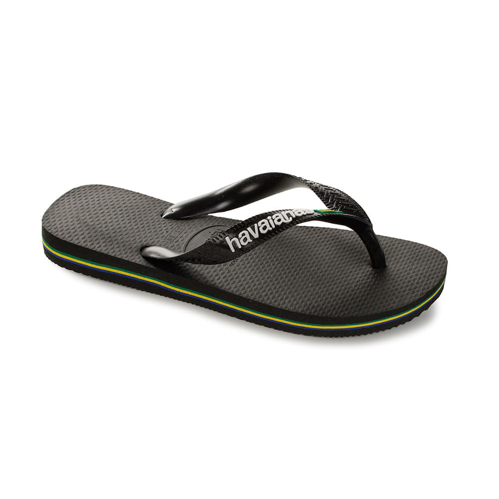 Par de chinelos infantis masculinos Havaianas pretos com logo branco e detalhes coloridos