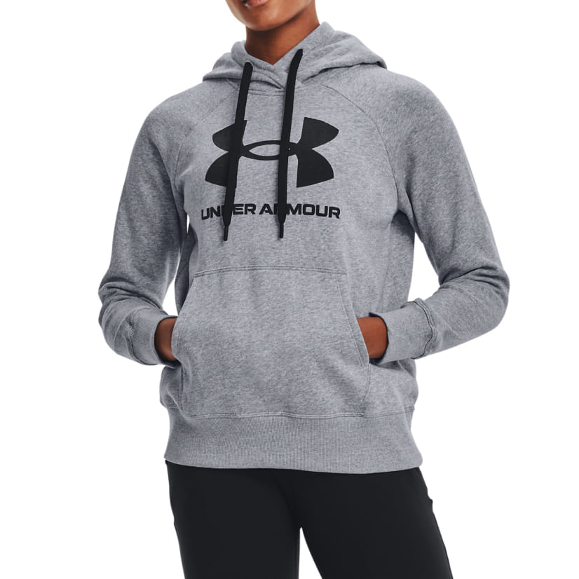 Moletom feminino Under Armour cinza mescla com capuz e cordão preto, vista frontal