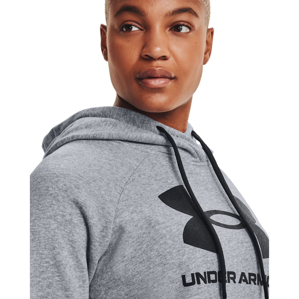 Moletom feminino Under Armour cinza mescla com capuz, vista lateral