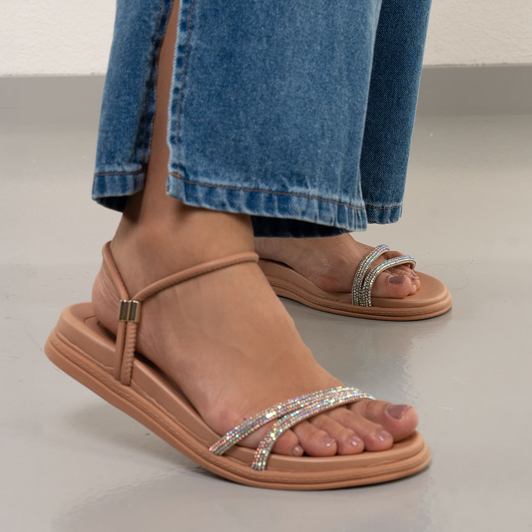 Sandália Rasteira Feminina Beira Rio Strass Nude Oscar