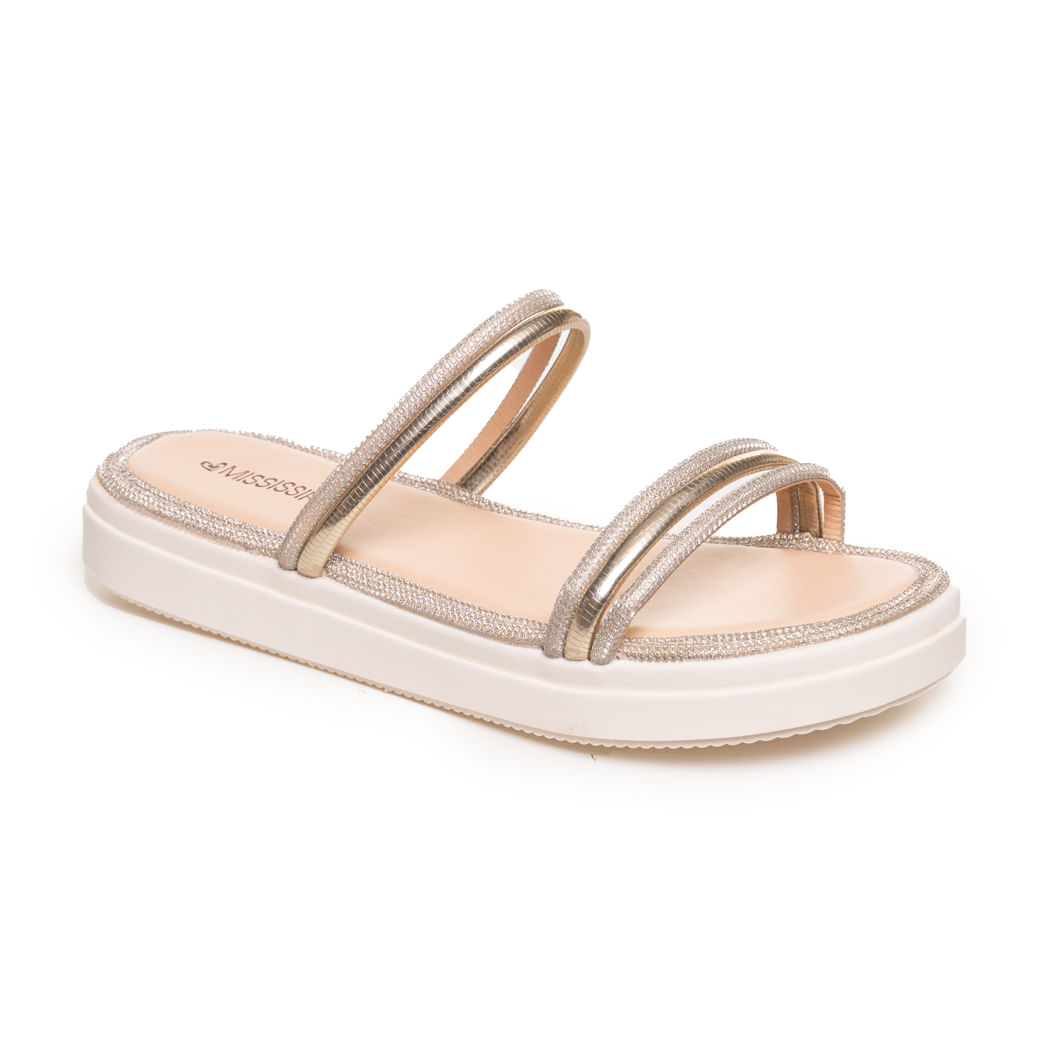 Sandália flatform dourada com tiras duplas metalizadas e sola plataforma off-white vista lateral