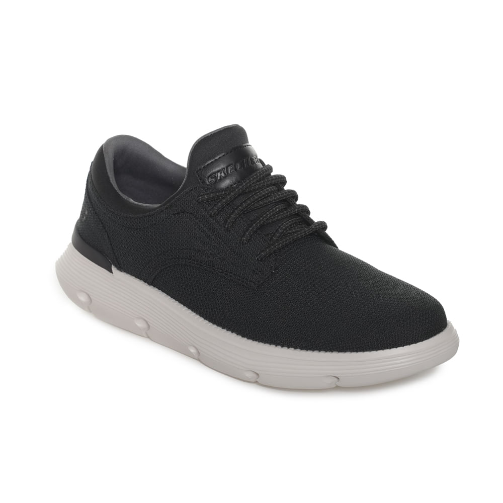 Tênis Skechers Garza Reardon masculino preto vista 3/4 frontal direito mostrando cabedal em malha e solado volumoso off-white