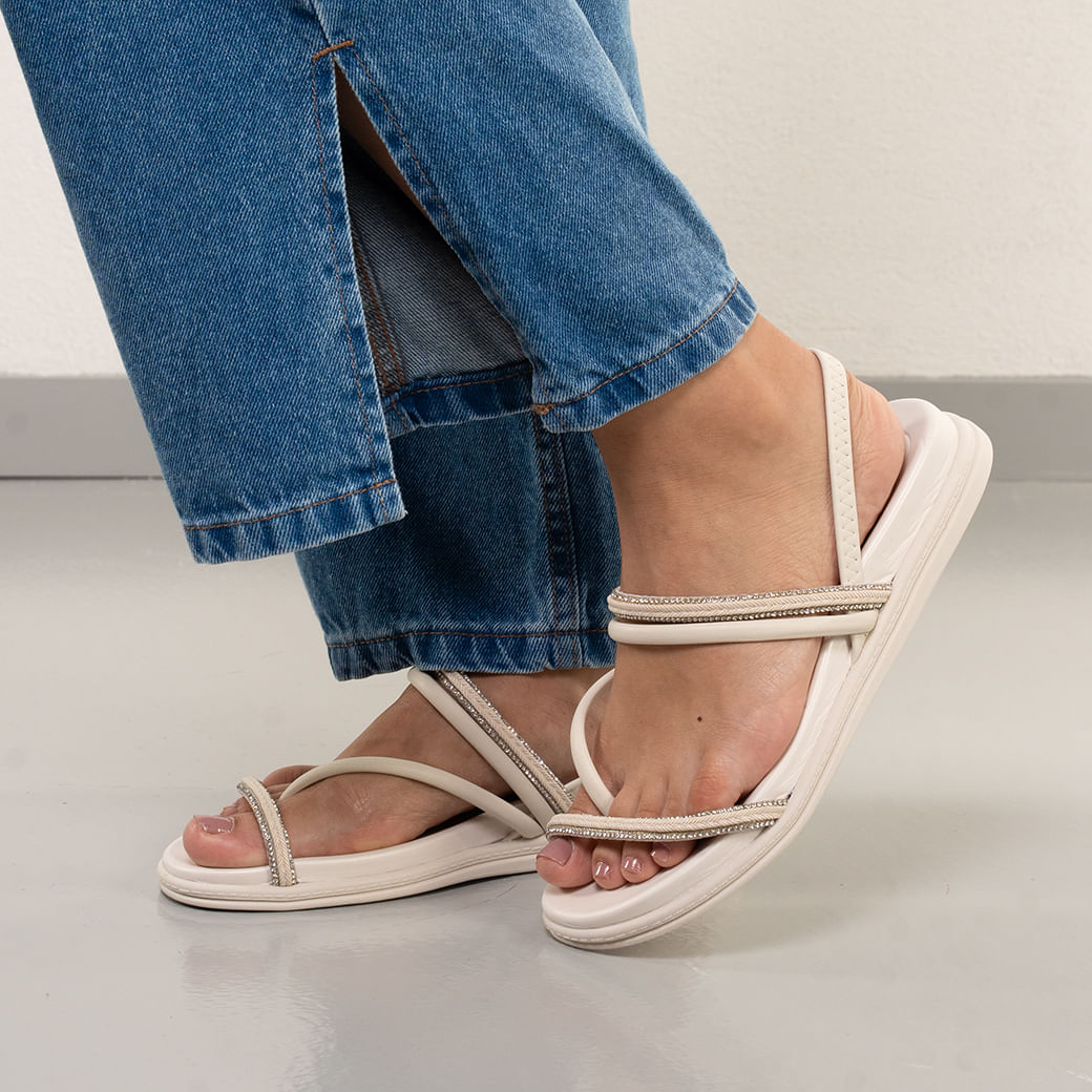 Sandália Feminina Beira Rio Strass Tiras Branco Off Oscar