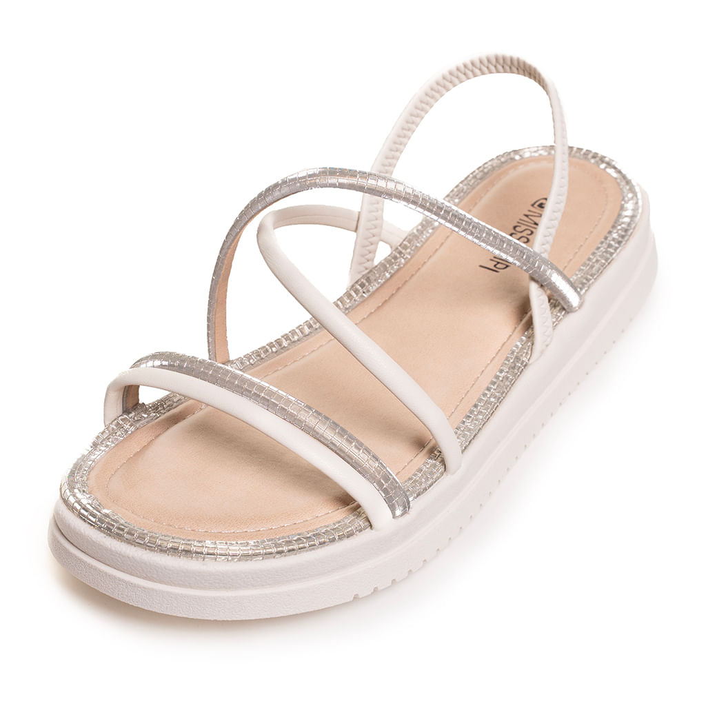 Sandália feminina Mississipi plataforma baixa branca com detalhes prateados vista superior