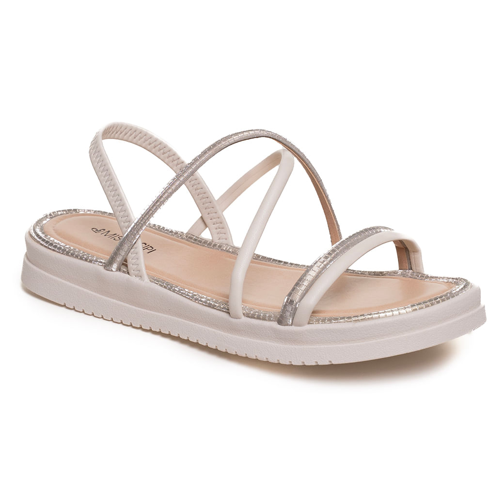 Sandália feminina Mississipi branca com plataforma baixa e tiras prateadas brilhantes