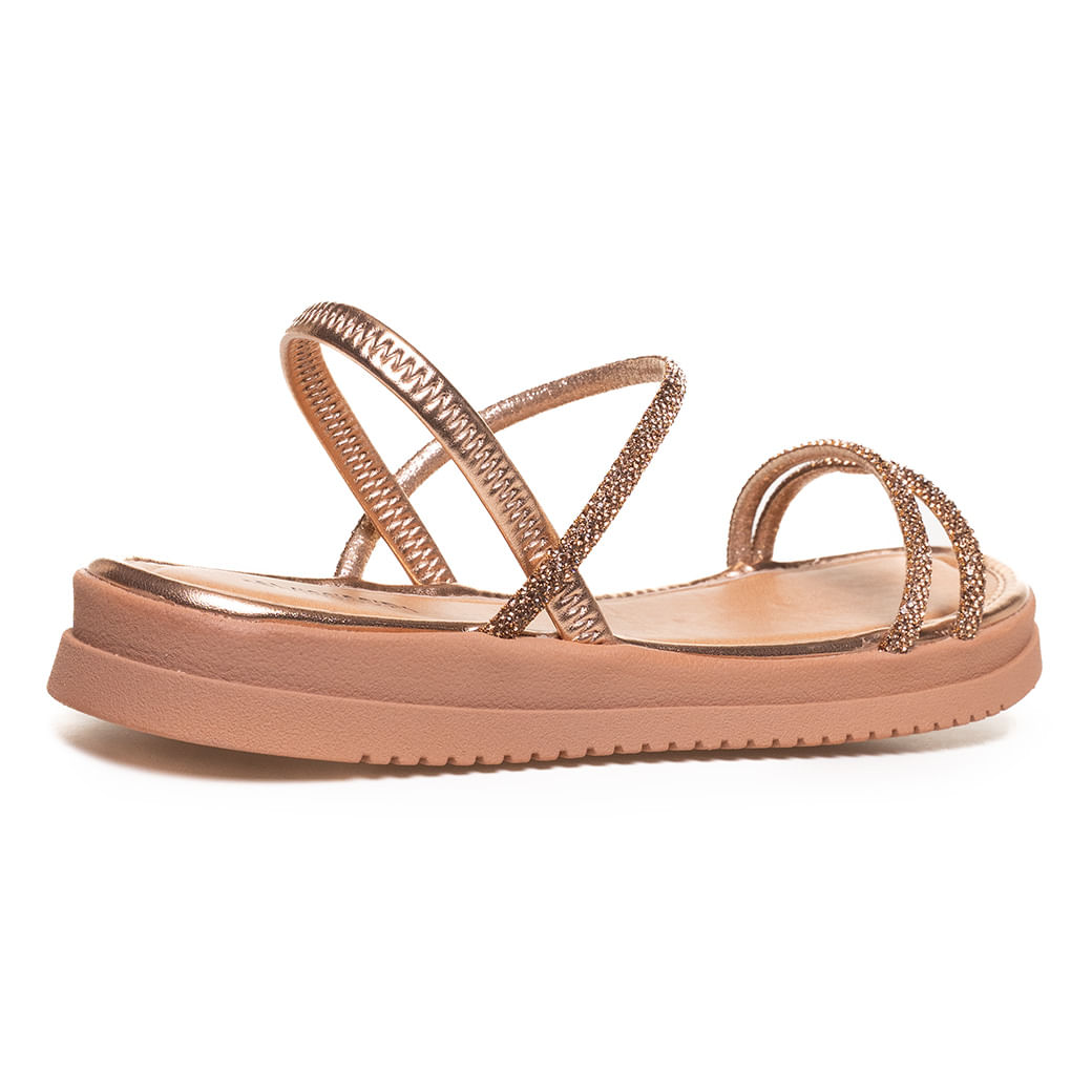 Sandália feminina bronze plataforma vista lateral esquerda com tiras elásticas e acabamento metalizado