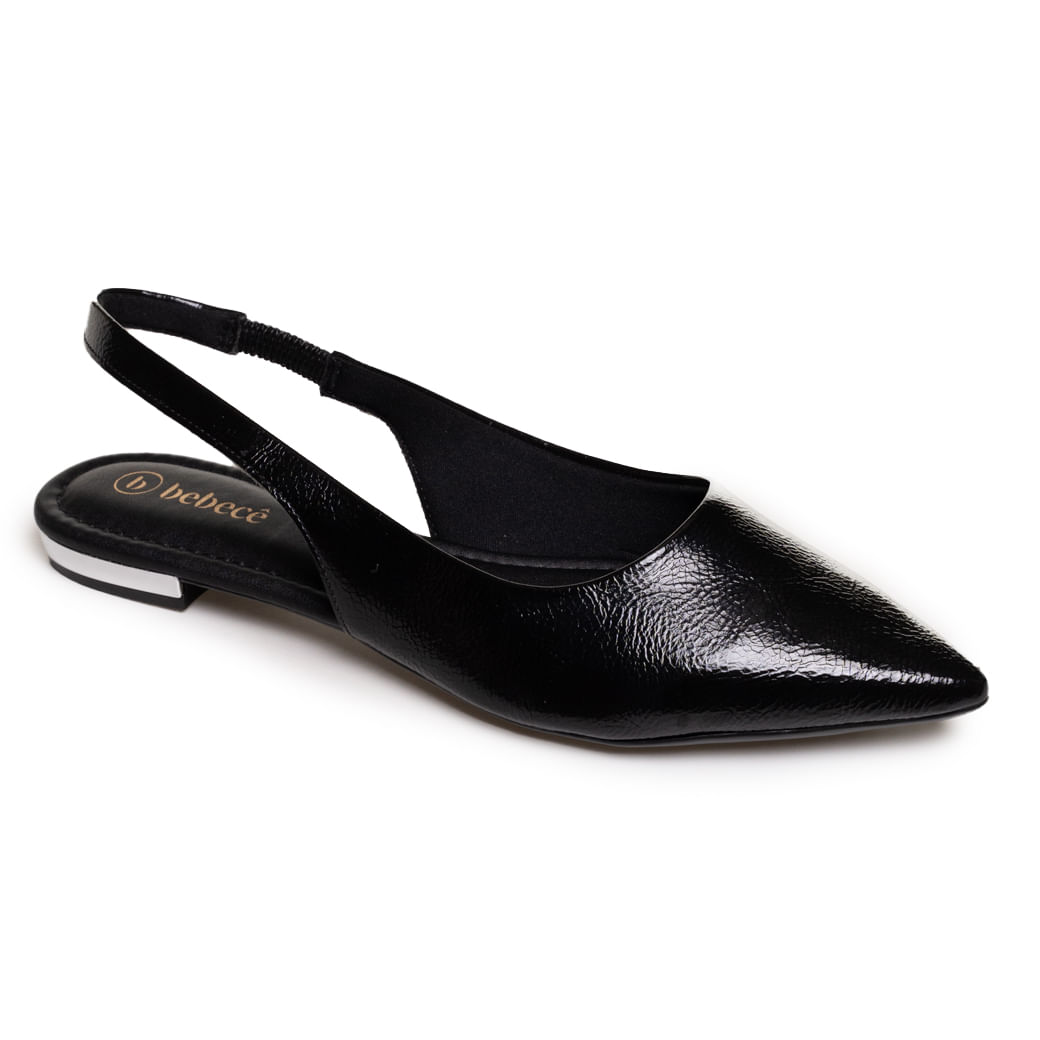 Sapatilha feminina preta bico fino com detalhe em elástico e palmilha acolchoada