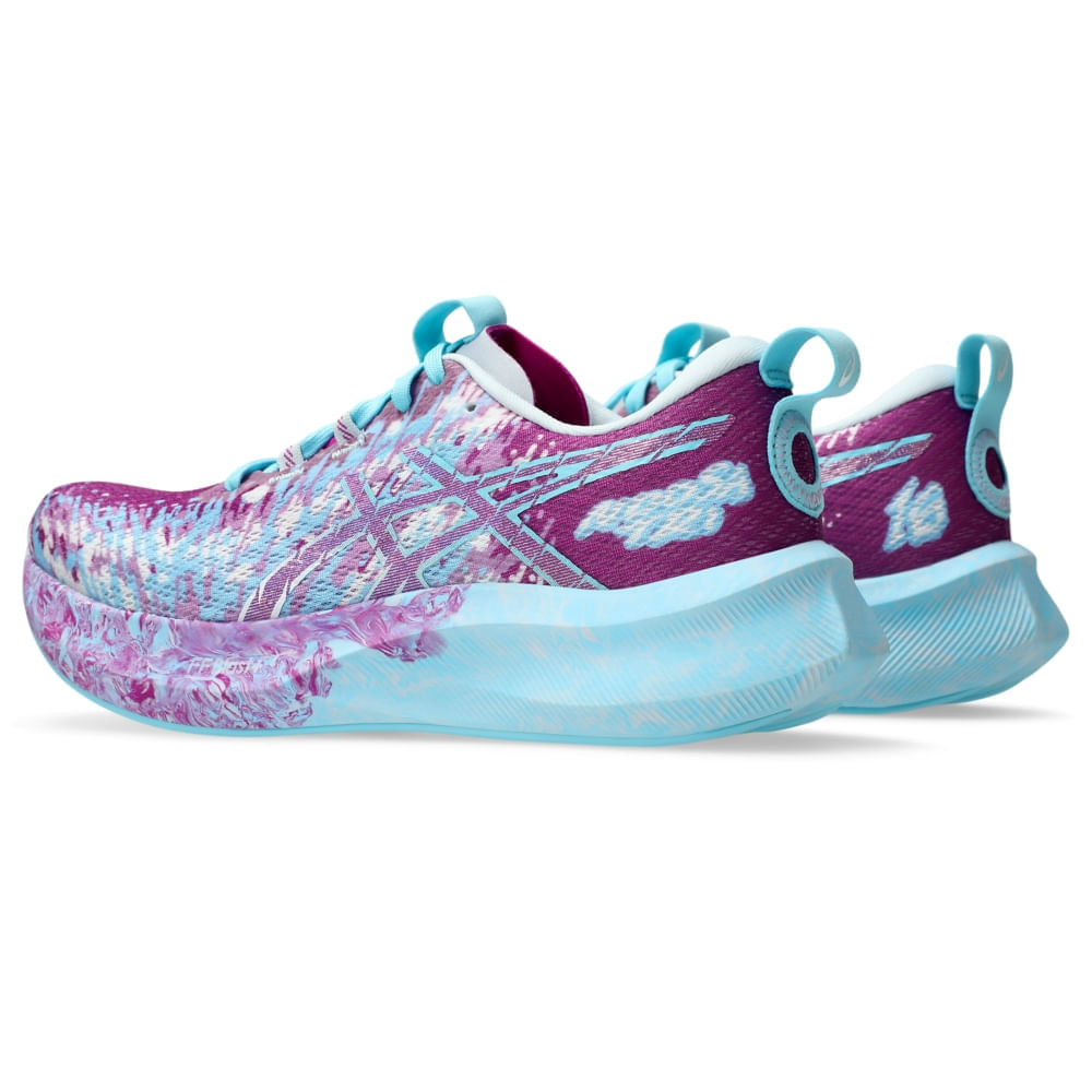 Tênis Asics Noosa Tri 16 vista traseira com entressola marmorizada turquesa