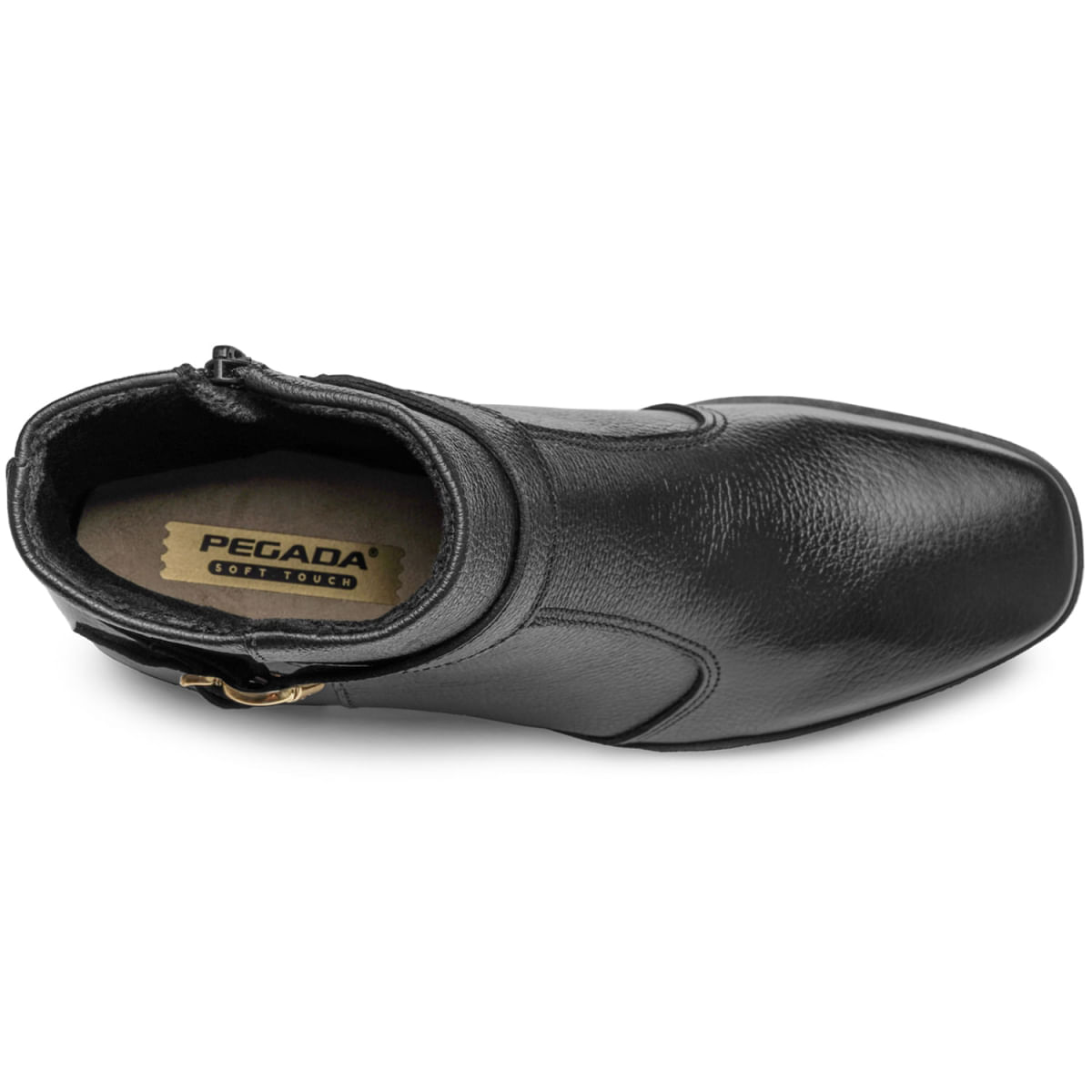 Vista superior da bota de cano curto feminina em couro preto com interior visível