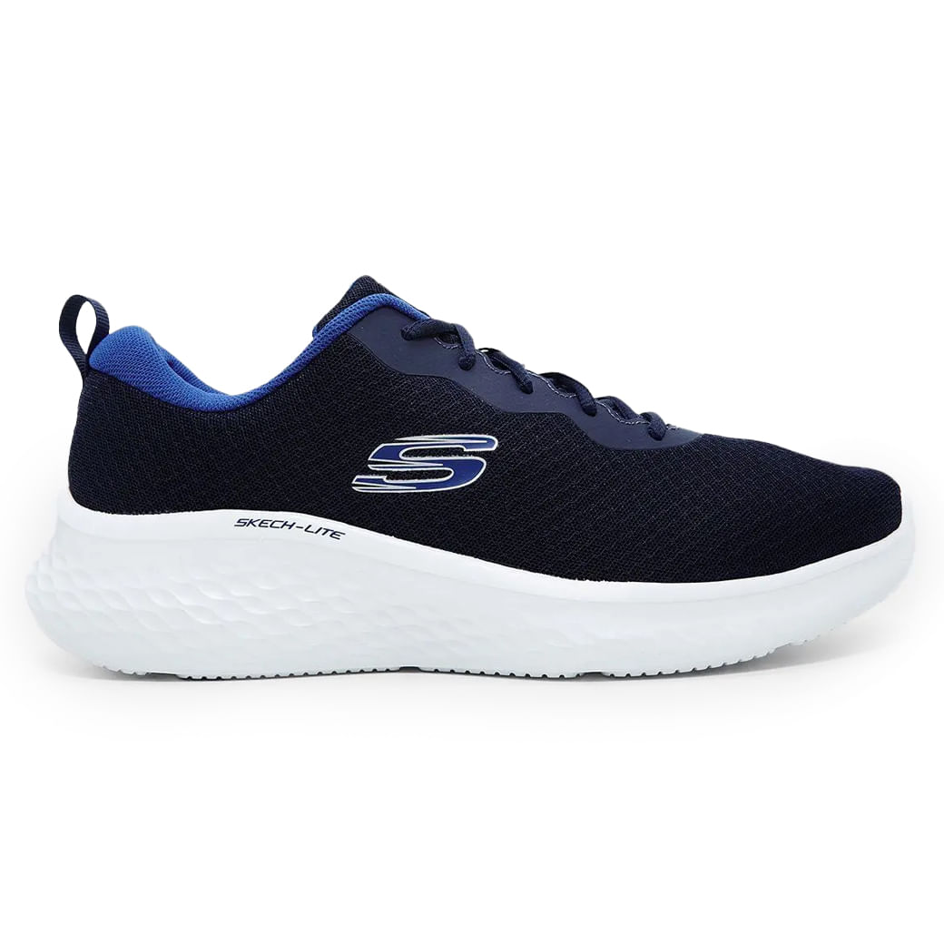Tênis masculino Skechers Skech-Lite Pro azul marinho vista lateral direita com cabedal em mesh e solado branco espesso