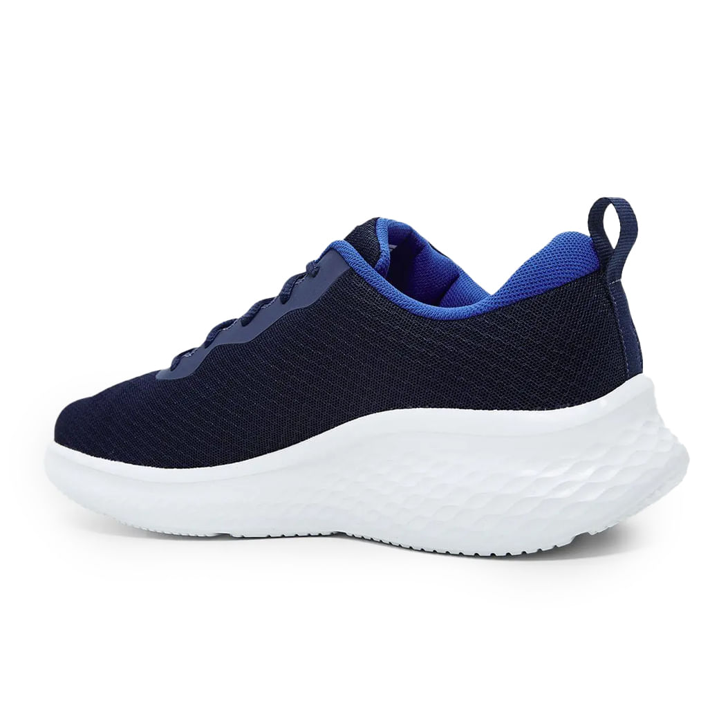 Tênis Skechers Skech-Lite Pro azul marinho vista lateral esquerda mostrando detalhes do cabedal em mesh