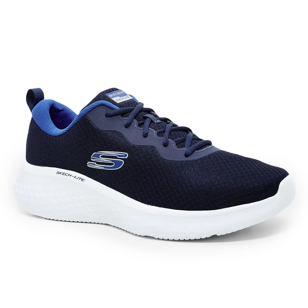 Tênis Skechers Skech-Lite Pro masculino azul marinho vista 3/4 frontal com cadarços e solado branco