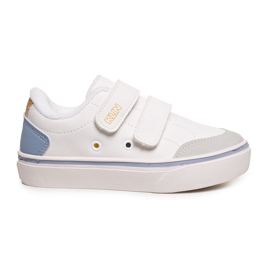 Tênis infantil branco Klin Freestyle Mini vista lateral direita com tiras de velcro e detalhes em azul e cinza