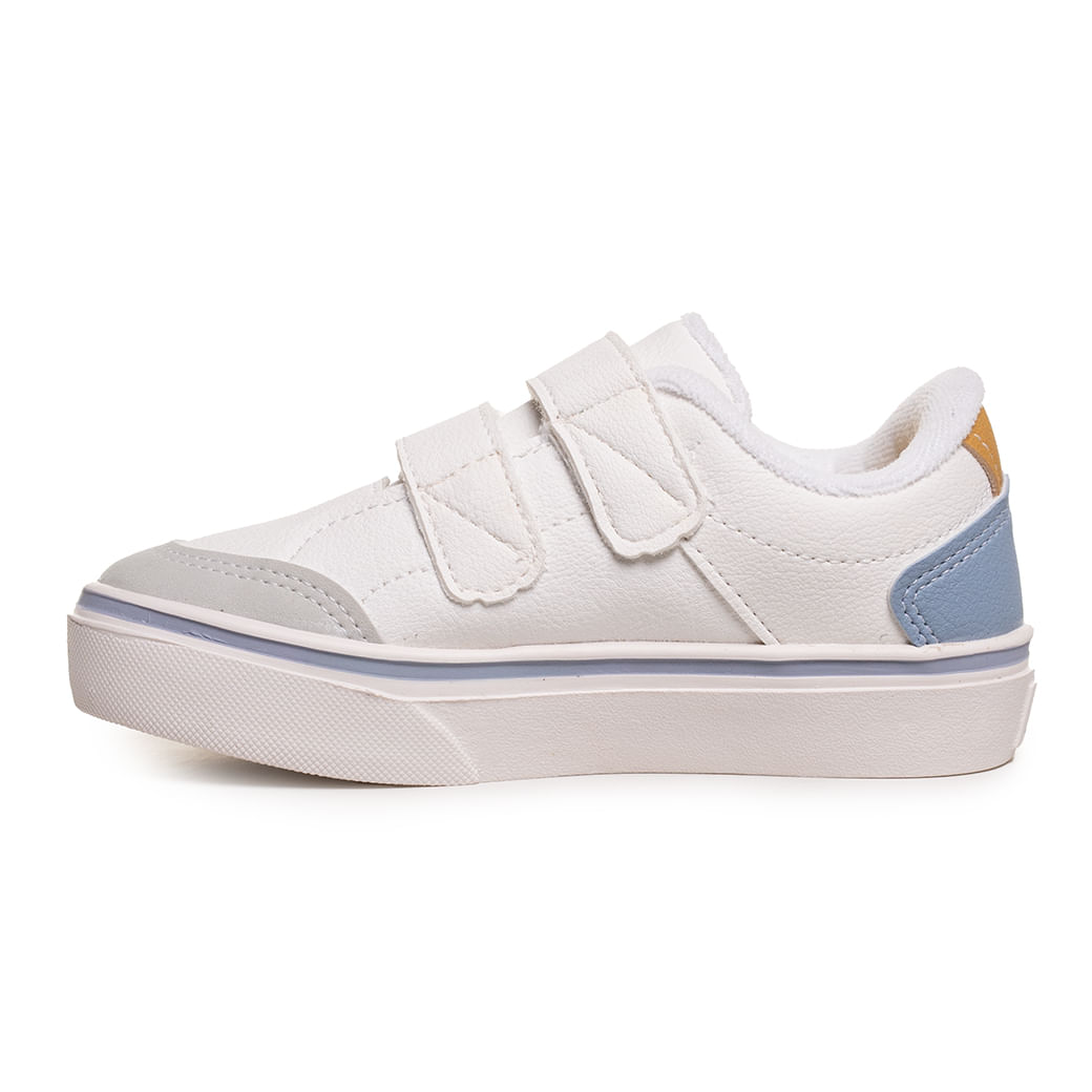 Tênis infantil branco Klin Freestyle Mini vista lateral esquerda com detalhes em azul e cinza