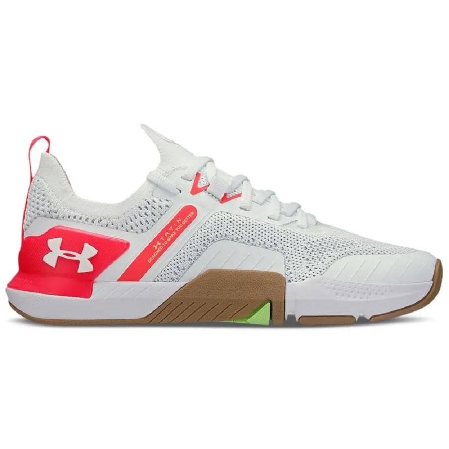 Tênis Under Armour Tribase Cross SE feminino branco em perfil esquerdo com detalhes rosa e verde, ideal para treino e academia