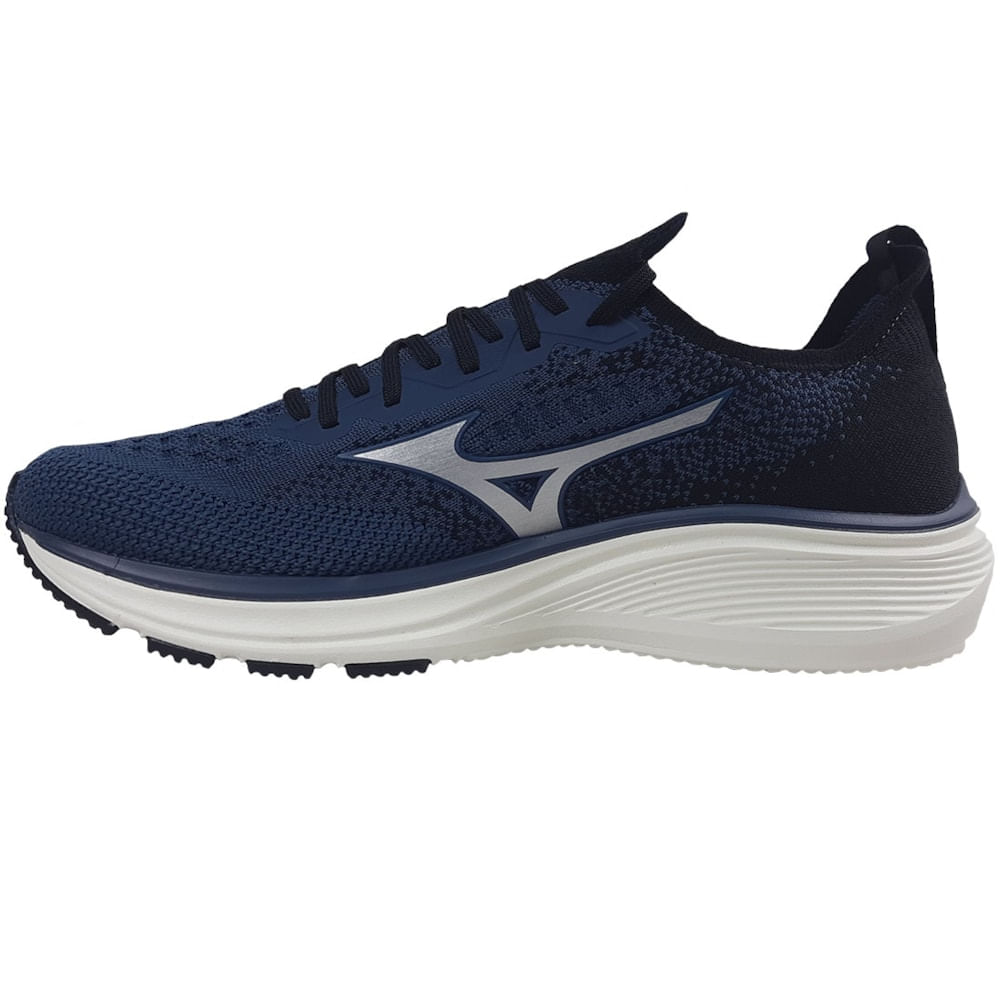 Tênis Mizuno Cool Ride 2 vista lateral interna mostrando textura knit, cadarços pretos e entressola espessa