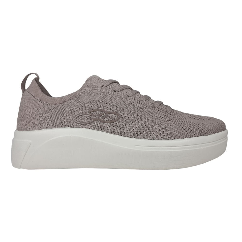 Tênis Olympikus Plato Feminino visto de lateral esquerda com cabedal em tecido knit rosê, solado branco plataforma