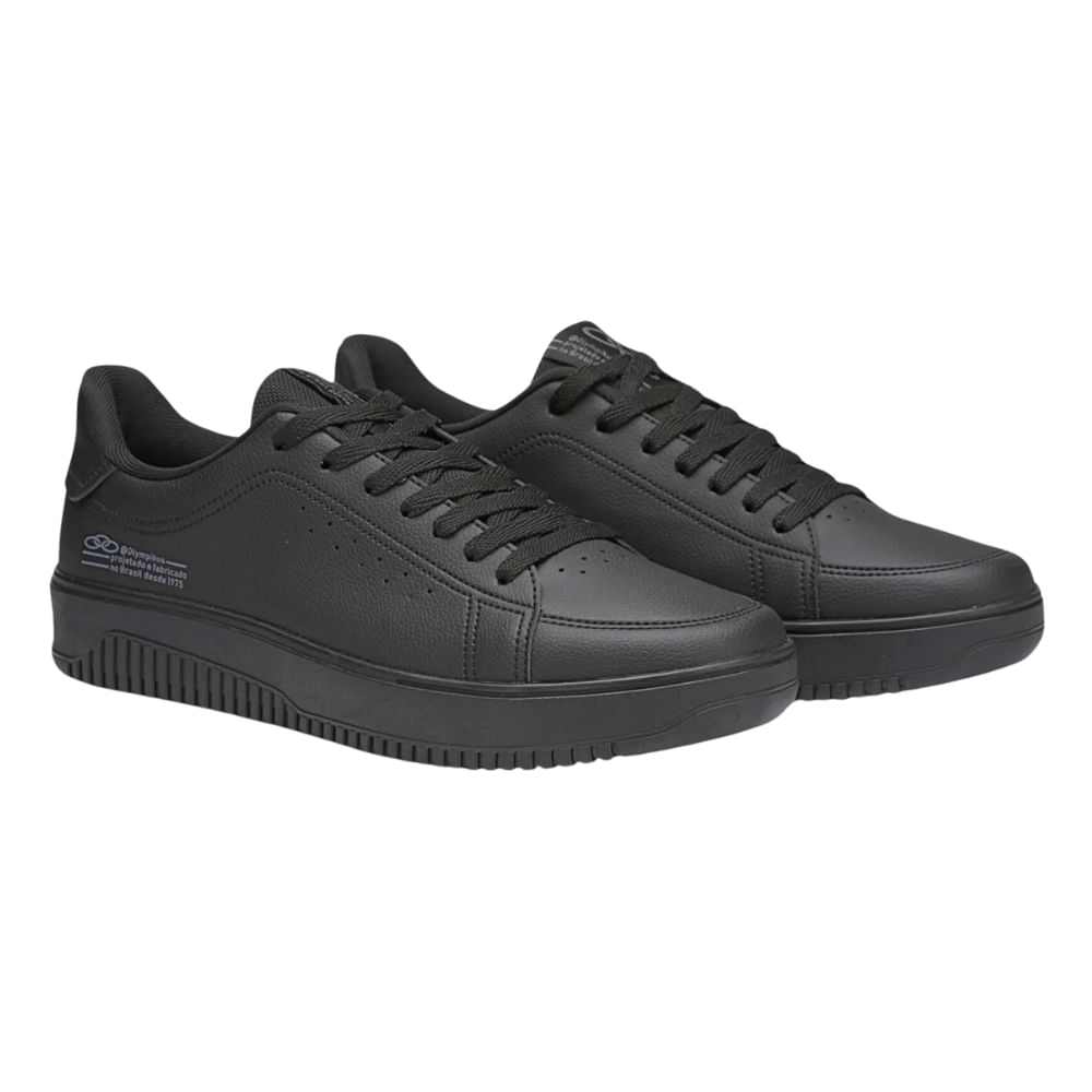 Tênis Olympikus Eros Casual preto masculino mostrando detalhes do cabedal e cadarços.