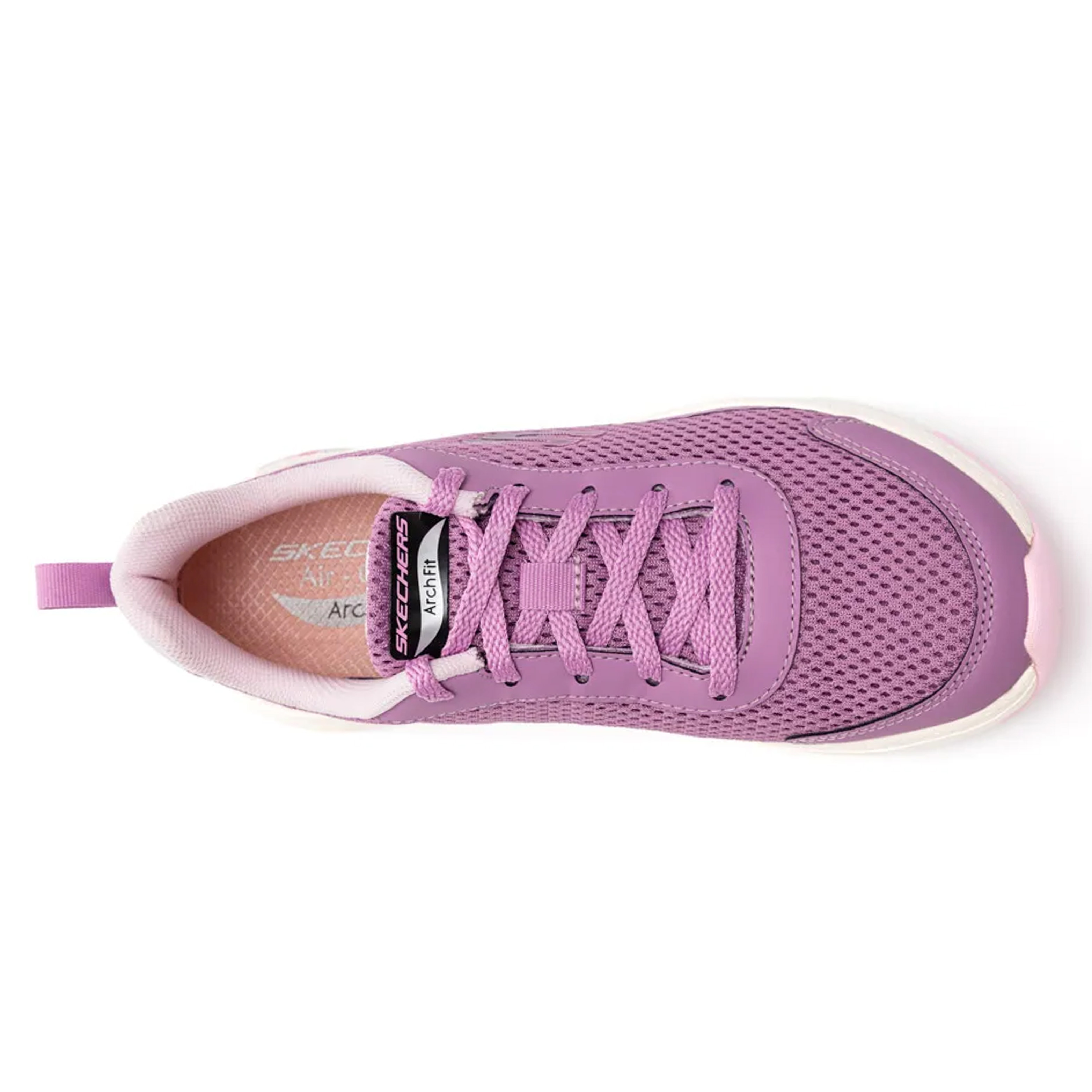 Tênis lilás Skechers Arch Fit feminino vista superior mostrando cabedal em mesh e cadarços lilás