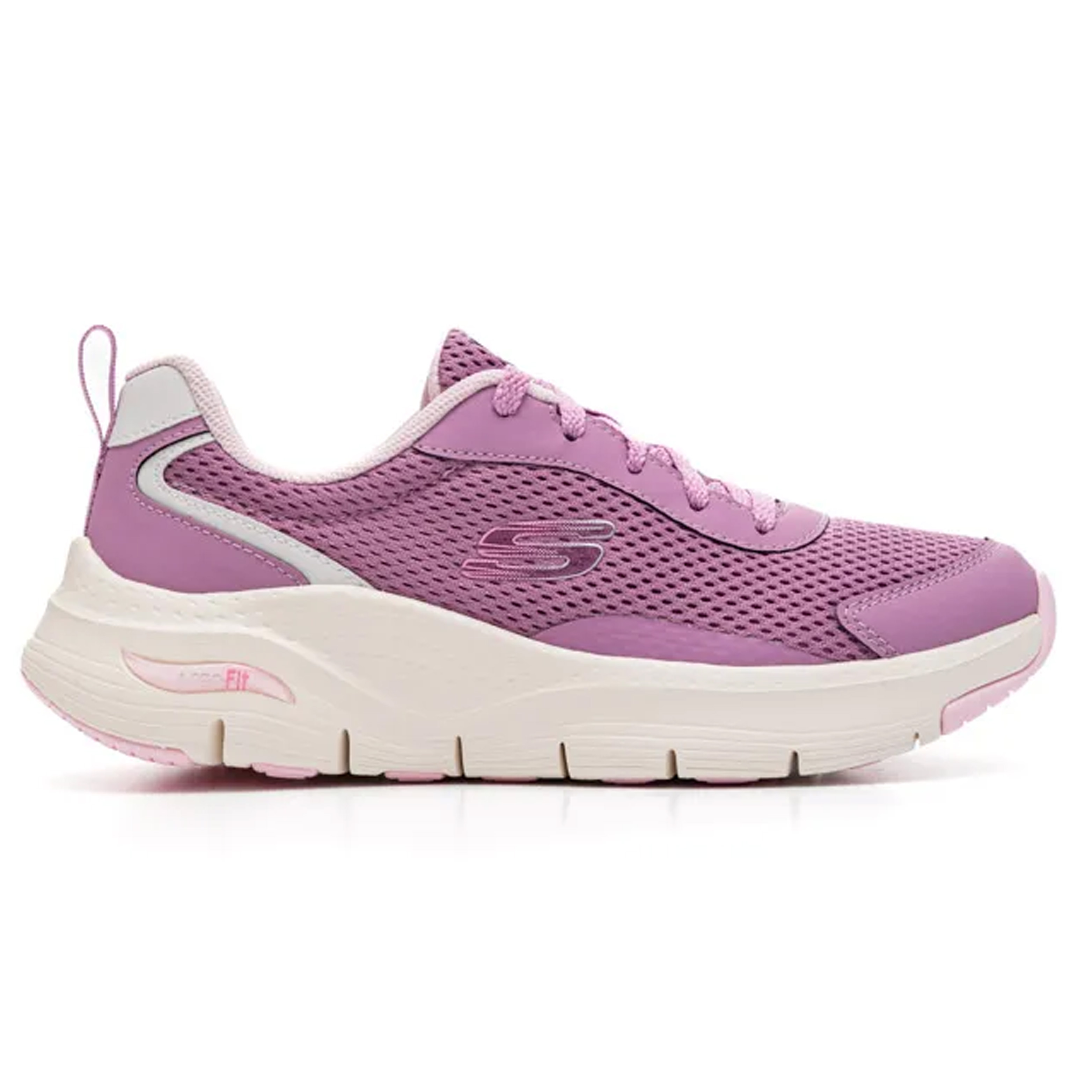 Tênis lilás Skechers Arch Fit feminino perfil lateral direito com logo 'S' e entressola off-white