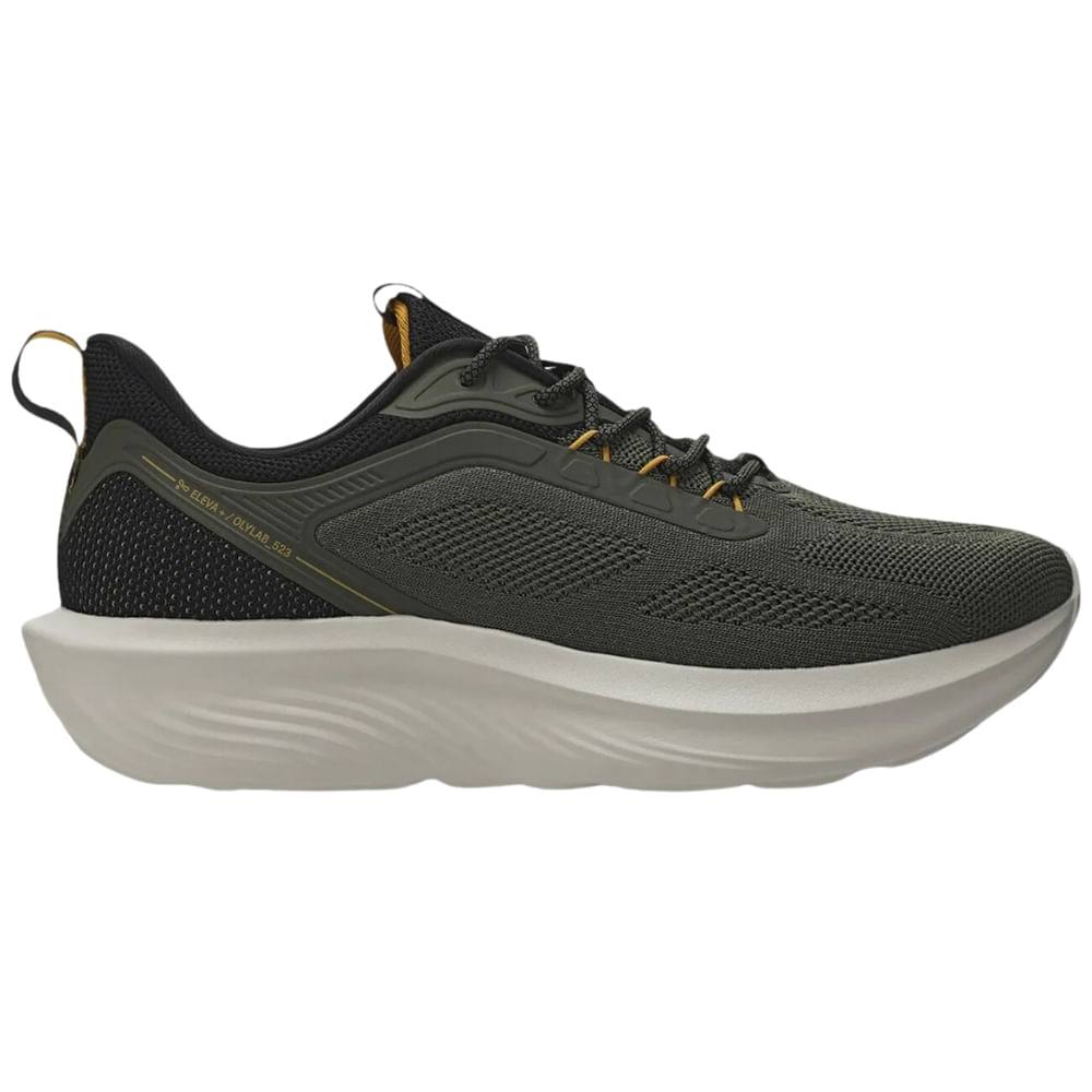 Tênis Olympikus Ritmo masculino verde com detalhes pretos, vista lateral direita, solado branco ondulado