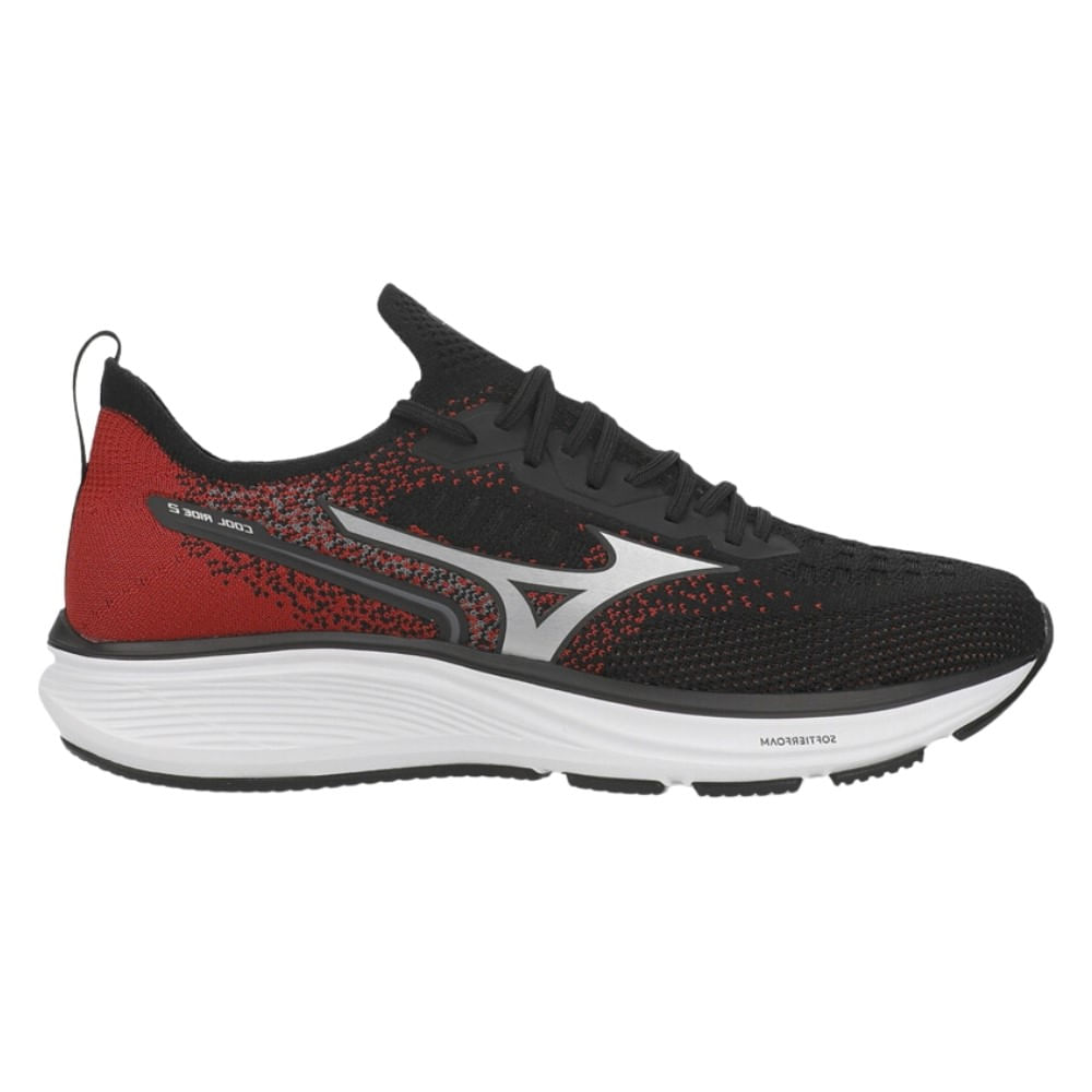 Tênis masculino Mizuno Cool Ride 2 na cor preto com detalhes em vermelho, vista lateral direita mostrando cabedal knit e solado branco com borracha preta