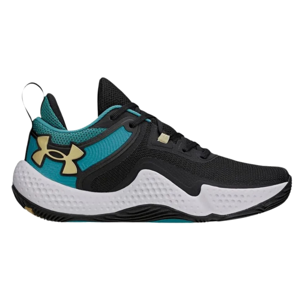 Tênis Under Armour Dagger Basquete masculino preto com detalhes verdes e solado branco, vista lateral direita
